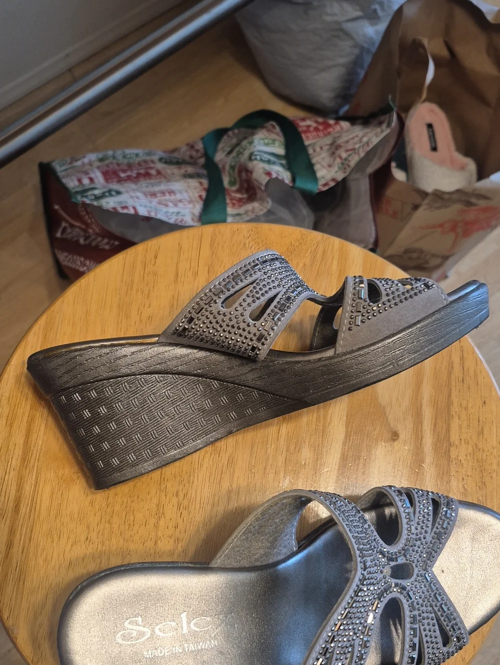 Selex Gray Beddazzled Wedge Heels